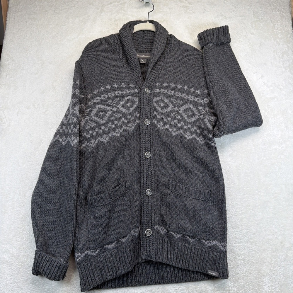 Eddie Bauer Mens Fair Isle Shawl Collar Cardigan Sweater Wool Blend Gray Small